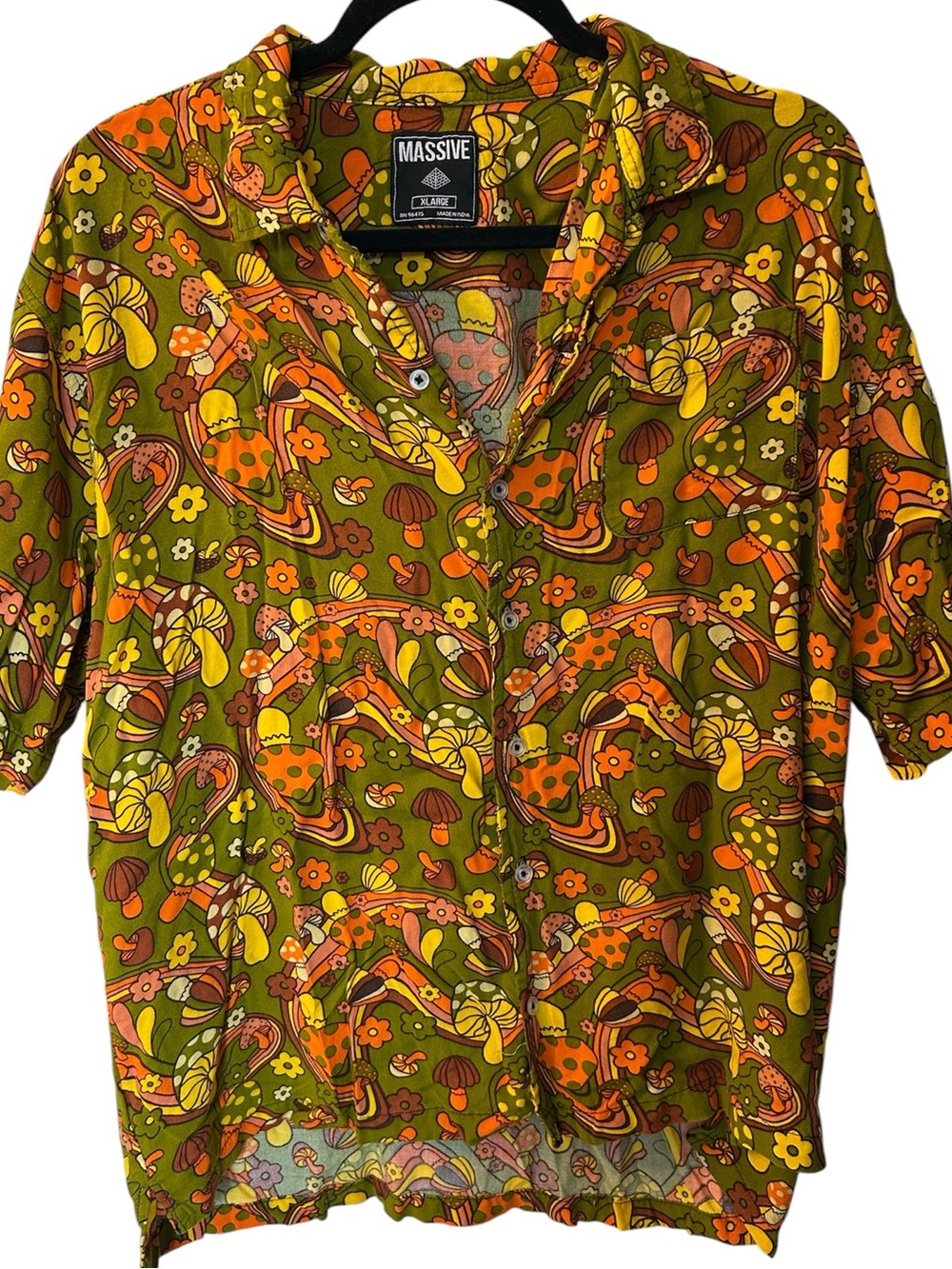 Massive mushroom print retro short sleeve button down shirt psychedelic size XL